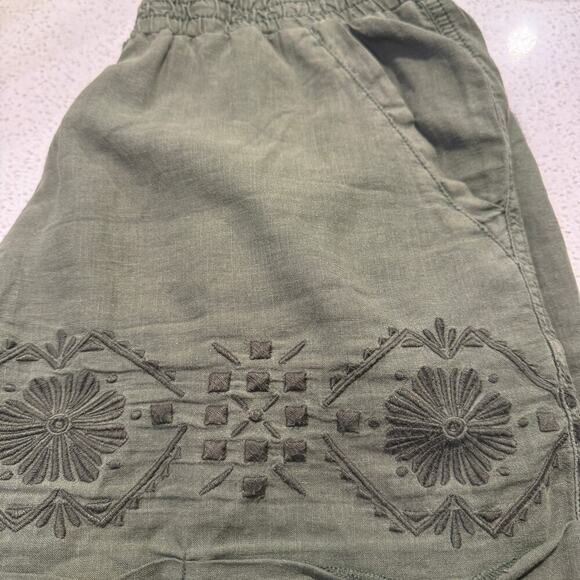 Anthropologie Mermaid Olive Green Embroidered Linen Blend Shorts Women Medium - Picture 6 of 9